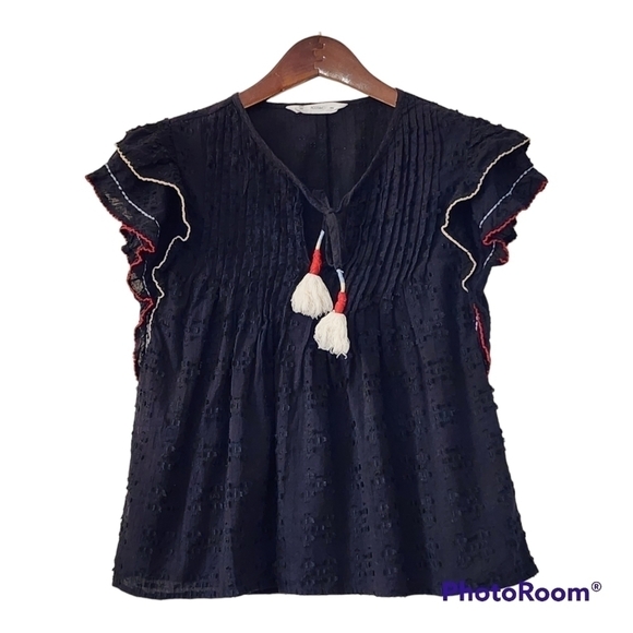 Acos&a Black Peasant Blouse SZ Small Ruffled Sleeve Tassel Tie Neck Embroidered - Picture 1 of 6